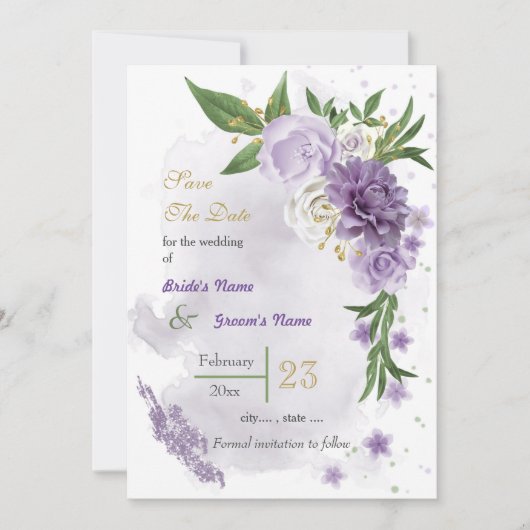 Romantische paarse witte bloemen groen save the date (Voorkant)