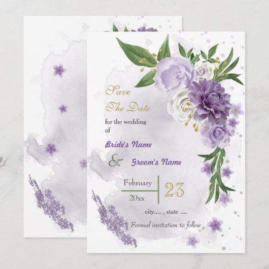 Romantische paarse witte bloemen groen save the date (Voorkant / Achterkant)