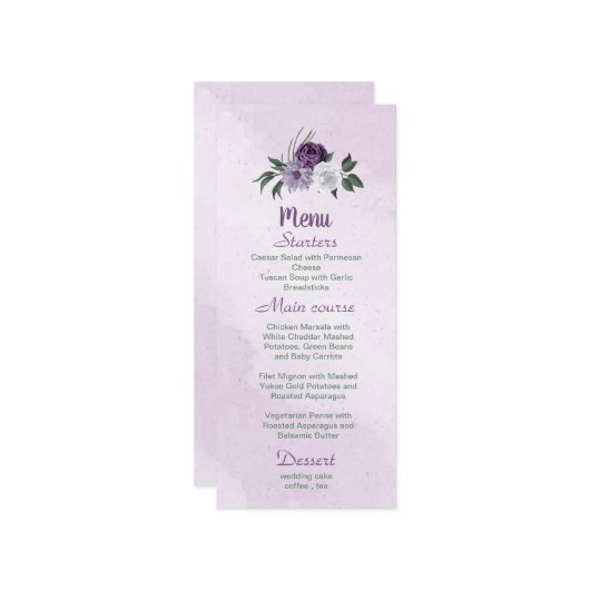 romantische paarse witte bloemen groene bladeren menu (Voorkant / Achterkant in situ)
