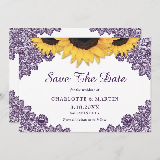 Romantische Paarse Zonnebloem Weddenschap Save The Date (Voorkant / Achterkant)