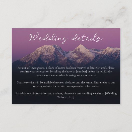 Romantische paarse zonsondergang besneeuwde bergen informatiekaartje (Voorkant)