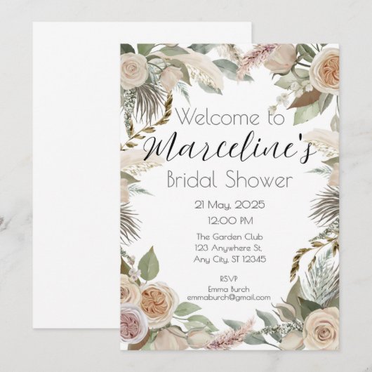 Romantische pampa's en Roos Vrijgezellenfeest Uitn Kaart (Voorkant / Achterkant)