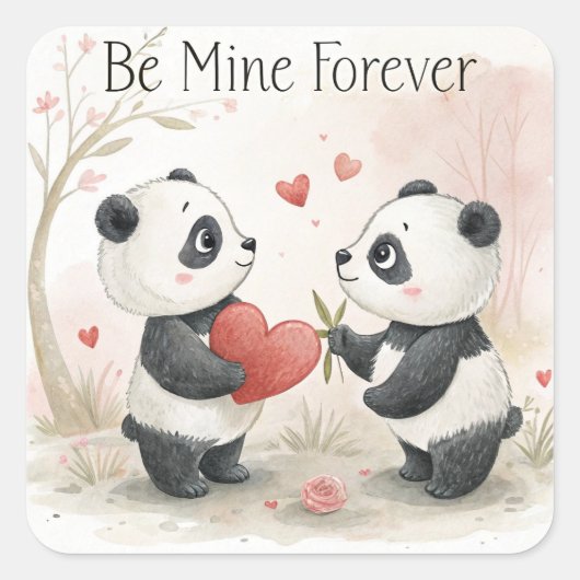Romantische Panda Kaart - Be Mine Forever Vierkante Sticker (Voorkant)