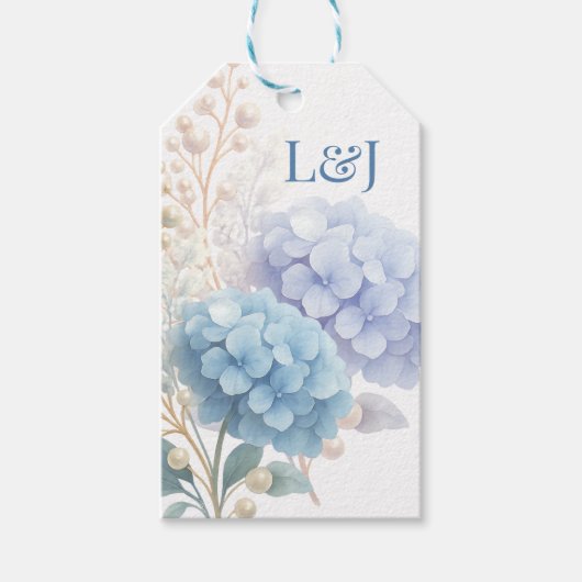 Romantische Parel Hydrangea Blauw Waterverf Huweli Cadeaulabel (Voorkant)