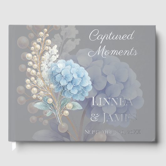 Romantische Parel Hydrangea Blauw Waterverf Huweli Gastenboek (Voorkant)