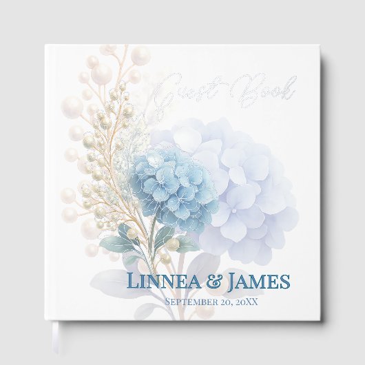 Romantische Parel Hydrangea Blauw Waterverf Huweli Gastenboek (Voorkant)