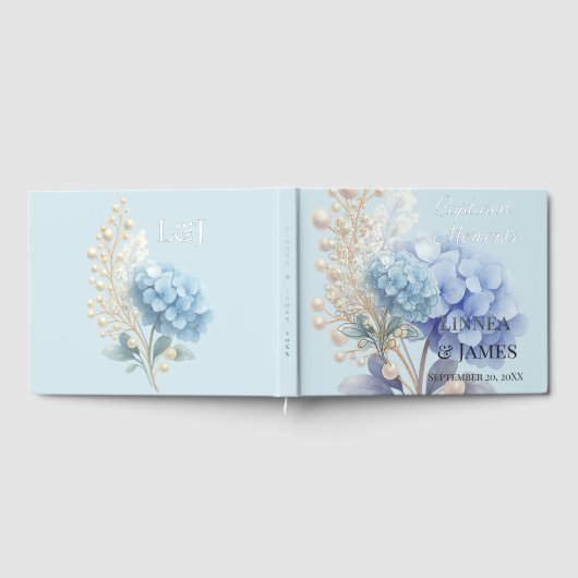 Romantische Parel Hydrangea Blauw Waterverf Huweli Gastenboek (Volledig)