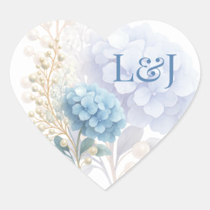 Romantische Parel Hydrangea Blauw Waterverf Huweli Hart Sticker