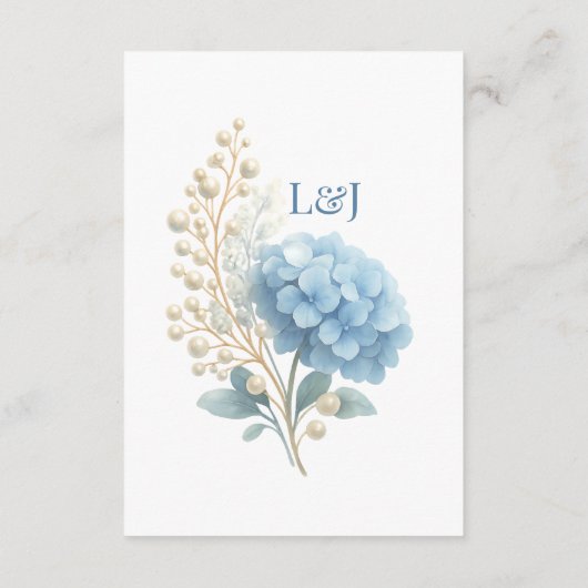 Romantische Parel Hydrangea Blauw Waterverf Huweli Informatiekaartje (Achterkant)