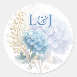 Romantische Parel Hydrangea Blauw Waterverf Huweli Ronde Sticker