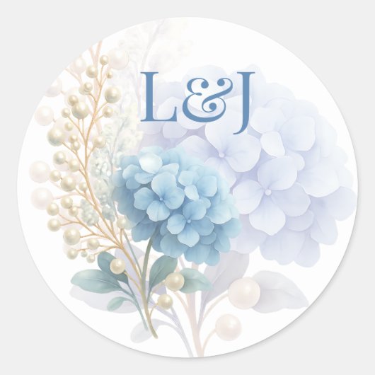 Romantische Parel Hydrangea Blauw Waterverf Huweli Ronde Sticker (Voorkant)