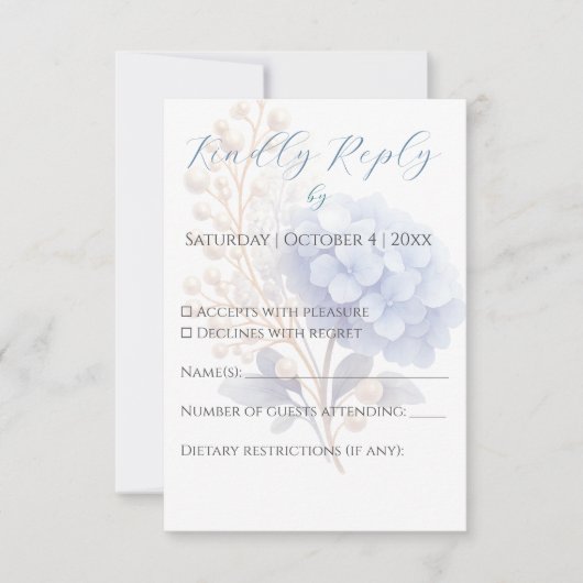 Romantische Parel Hydrangea Blauw Waterverf Huweli RSVP Kaartje (Voorkant)