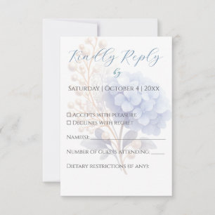 Romantische Parel Hydrangea Blauw Waterverf Huweli RSVP Kaartje