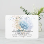 Romantische Parel Hydrangea Blauw Waterverf Huweli Save The Date (Staand voorkant)