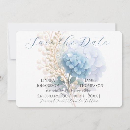 Romantische Parel Hydrangea Blauw Waterverf Huweli Save The Date (Voorkant)