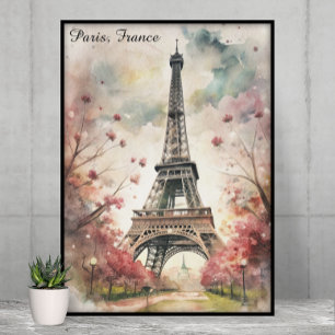 Romantische Parijse Eiffeltoren Aquarel Bloemen Poster