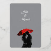 Romantische Parijse rode paraplu liefde silhouet Folie Uitnodiging (Achterkant)