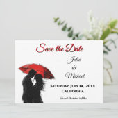Romantische Parijse rode paraplu liefde silhouet Save The Date (Staand voorkant)