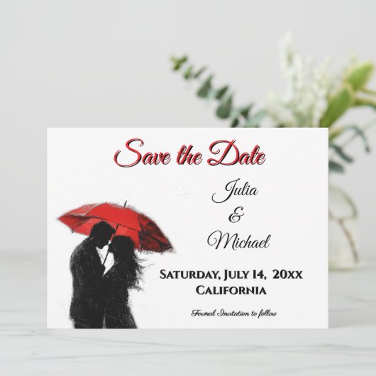 Romantische Parijse rode paraplu liefde silhouet Save The Date (Staand voorkant)