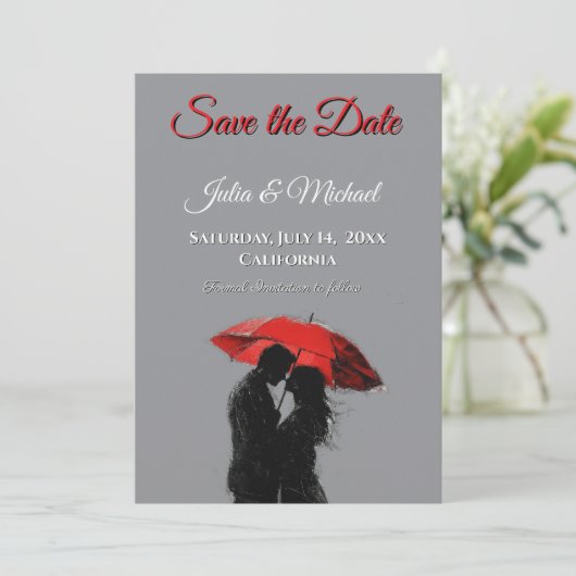 Romantische Parijse rode paraplu liefde silhouet Save The Date (Staand voorkant)