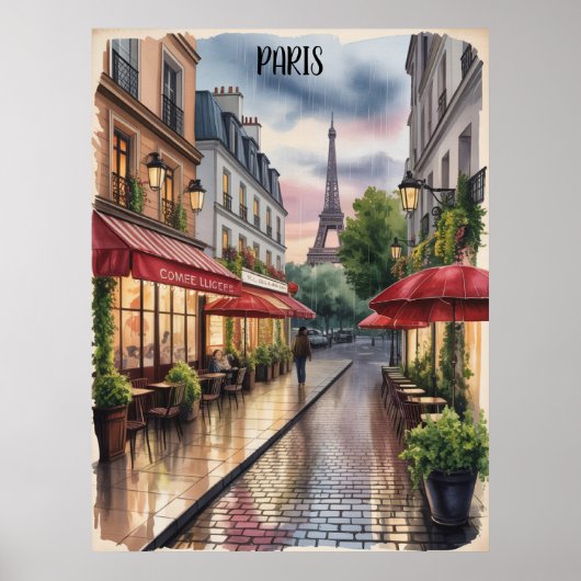 Romantische Parijse straat Eiffeltoren Aquarel Poster (Voorkant)