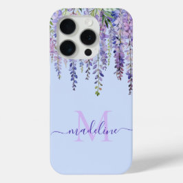 Romantische Pastel Blauw Wisteria Monogram Script iPhone 15 Pro Case