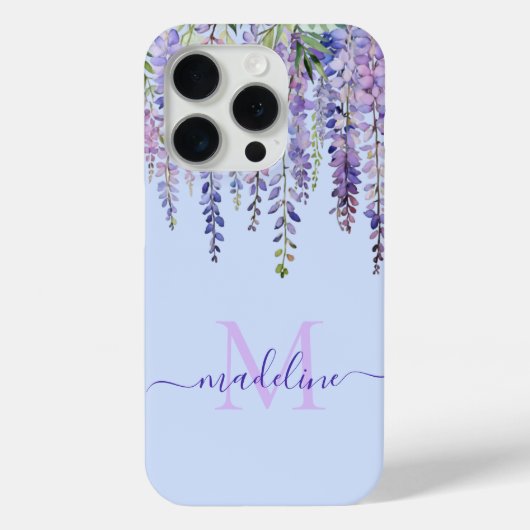 Romantische Pastel Blauw Wisteria Monogram Script  Case-Mate iPhone Case (Achterkant)