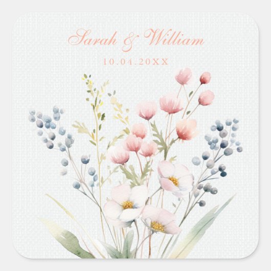 Romantische pastel bloemenbruiloft vierkante sticker (Voorkant)