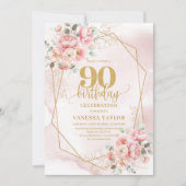 Romantische pastel roze gouden pioenen 90e uitnodi kaart (Voorkant)