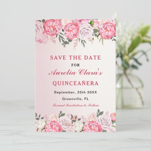 Romantische Pastel Rozen Bloemenzoet 16 Save The Date (Staand voorkant)