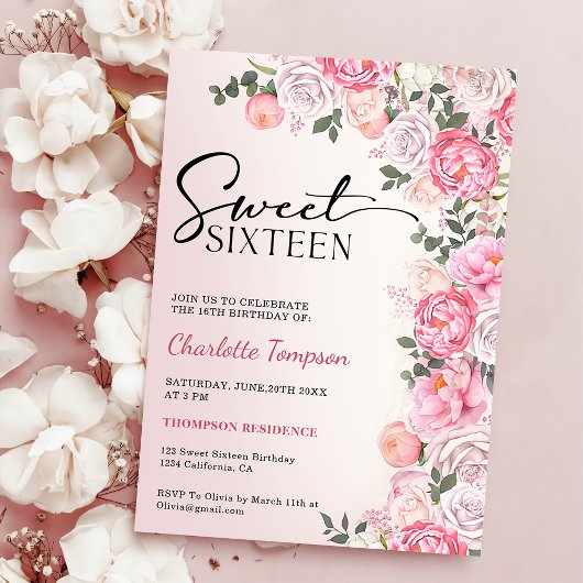 Romantische Pastel Rozen Bloemenzoet 16 Verjaardag Kaart