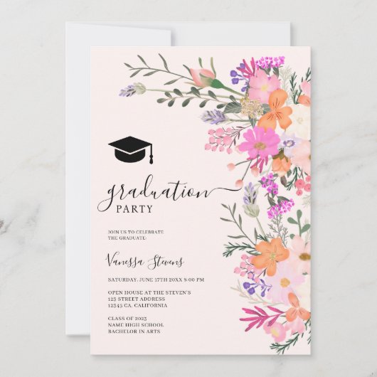 Romantische pastel wilde bloemen afstuderen kaart (Voorkant)