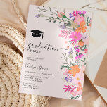 Romantische pastel wilde bloemen afstuderen kaart<br><div class="desc">Belles van 2024! Romantische pastel wilde bloemen lente zomer open huis graduatie partij met  wilde land bloemen in roze,  perzik,  paarse,  lavendel,  groene bladeren en meer,  met een geborstelde script typografie op een elegante bewerkbare op pastel blos roze achtergrond</div>