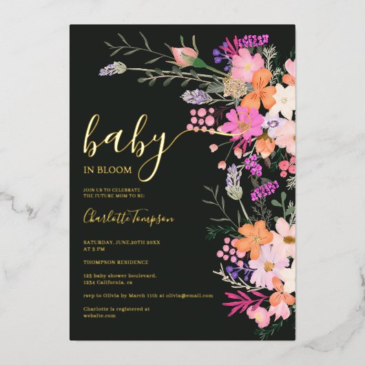 Romantische pastel wilde bloemen baby shower folie uitnodiging (Voorkant)