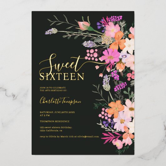 Romantische pastel wilde bloemen lente zoet 16 folie uitnodiging (Voorkant)