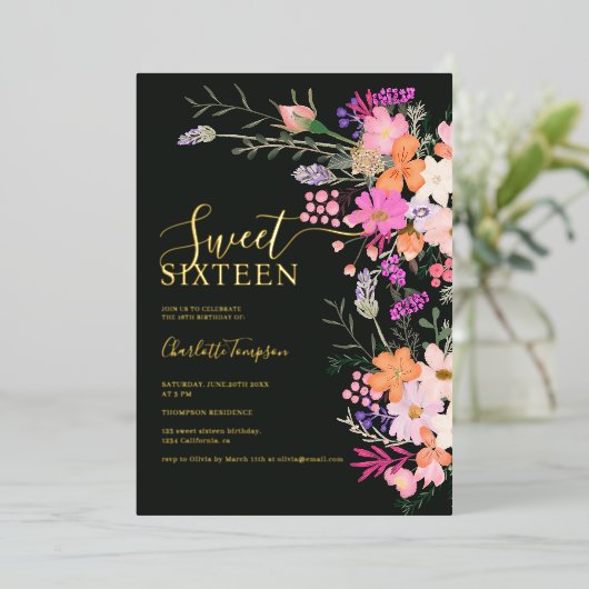 Romantische pastel wilde bloemen lente zoet 16 folie uitnodiging (Staand Voorkant)