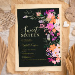 Romantische pastel wilde bloemen lente zoet 16 folie uitnodiging<br><div class="desc">Romantische pastel wilde bloemen lente zomer zoete zestien verjaardag met  wilde landbloemen in roze,  perzik,  paars,  lavender,  groene bladeren en meer,  met echte gouden folie en met een geborsteld script op een elegante donkere achtergrond</div>