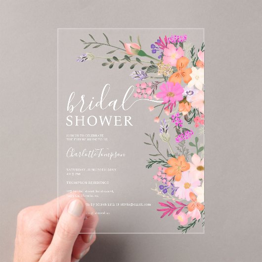 Romantische pastel wilde bloemen vrijgezellenfeest acryl uitnodigingen (Insitu (Draagbaar))