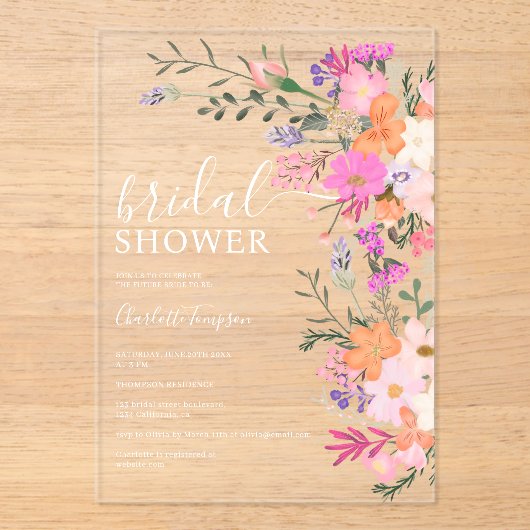 Romantische pastel wilde bloemen vrijgezellenfeest acryl uitnodigingen (Voorkant)