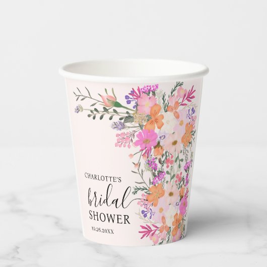 Romantische pastel wilde bloemen vrijgezellenfeest papieren bekers (Achterkant)