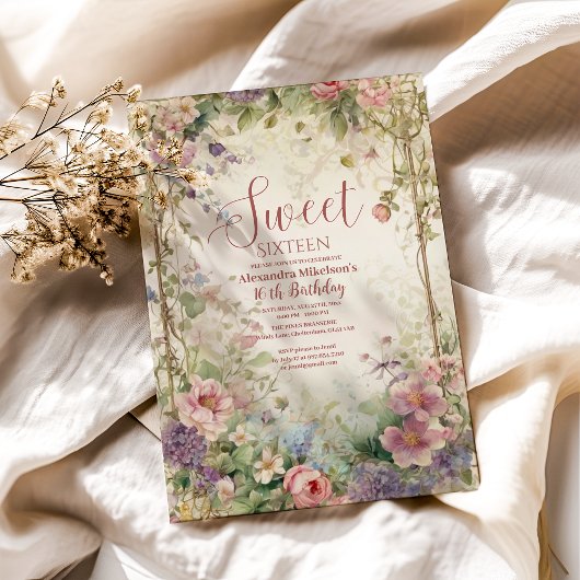 Romantische Pastel Wildflowers Sweet 16 Kaart