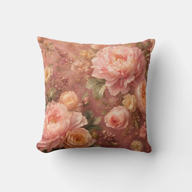 Romantische pastelroze pioenrozen & rozen botanisc kussen (Voorkant)
