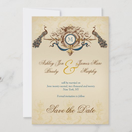 Romantische Pauw Opslag Bericht van de Datum Save The Date (Voorkant)