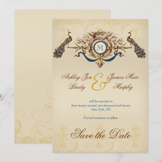 Romantische Pauw Opslag Bericht van de Datum Save The Date (Voorkant / Achterkant)