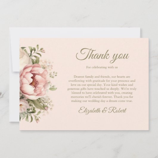 Romantische Peach en Blush Roze Bloemen Bruiloft Bedankkaart (Achterkant)