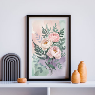 Romantische Peony & Fern Waterverf muurkunst Poster