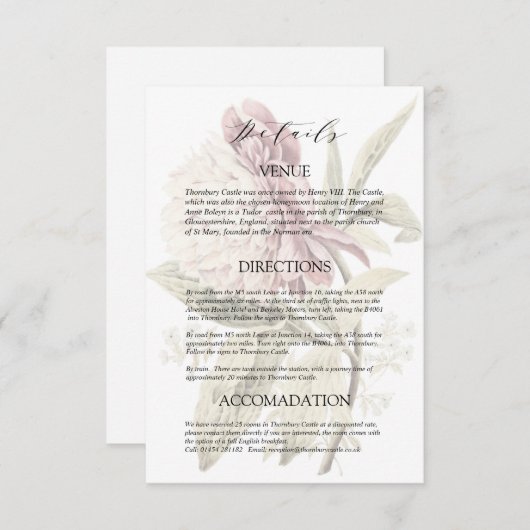 Romantische  Peony Wedding Details Informatiekaartje (Voorkant / Achterkant)