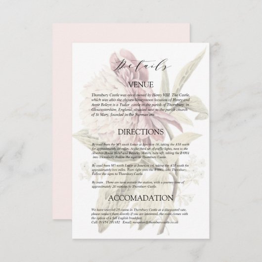 Romantische  Peony Wedding Details Informatiekaartje (Voorkant / Achterkant)