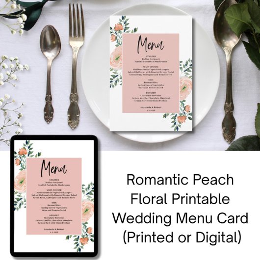Romantische Perzik Bloemen Printable Wedding Menu Kaart