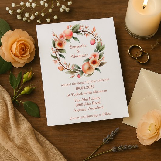 Romantische perzik bloesem krans bruiloft kaart